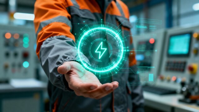 An industrial engineer holds a glowing green hologram of a lightning bolt, symbolizing innovation in electrical power management and efficiency in a modern factory