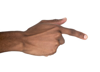 Hand with extended index finger pointing forward in digital interaction pose. Black skin male making