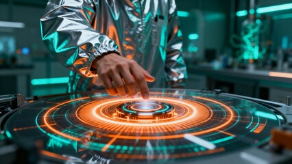 Scientist in a futuristic laboratory touching a glowing circular holographic interface to activate a high-tech system