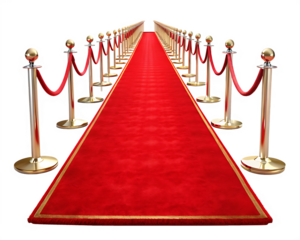 Empty red carpet with stanchions and ropes isolated on white background