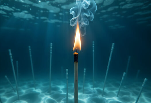 A small flame burning underwater, captured mid-flicker with surreal calm lighting, blending the impossible contrast of fire and water in a minimalist concept.