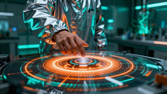 Scientist in a futuristic laboratory touching a glowing circular holographic interface to activate a high-tech system
