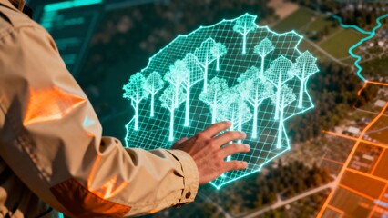 Digital map of a forest area with trees highlighted by a holographic interface, concept of environmental monitoring and smart forestry