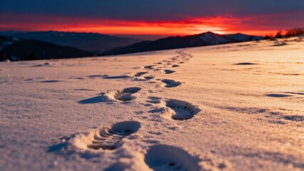 겨울설원을가로지르는발자국과붉은석양풍경