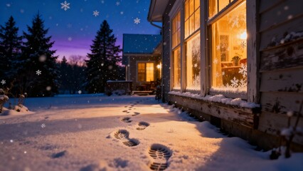 눈밭에찍힌가족발자국과따뜻한집풍경