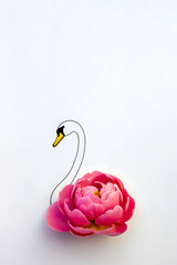 Minimalist swan illustration with pink peony body and line drawing on white background, elegant floral fusion blending Real Texture with Playful Design