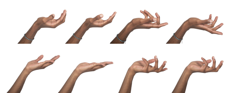 Hand with open cupped palm raised in presenting pose. Black skin male showing graceful gesture for
