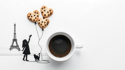 Parisian scene with coffee cup, girl and cat silhouette, and heart-shaped cookie balloons on white background, blending Real Texture with Playful Design