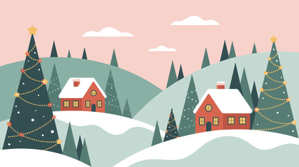 Winter landscape with houses snow covered hills and christmas trees under a pastel sky backdrop