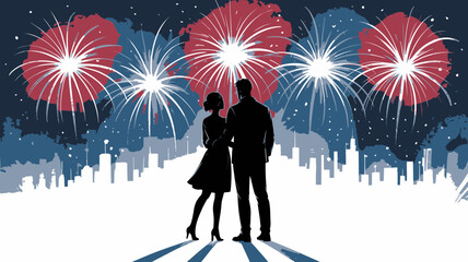 Silhouette couple watching fireworks over cityscape against a dark blue night sky background