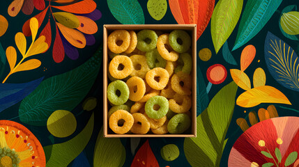 Colorful cereal box with vibrant, playful illustration features mix of yellow and green ring shaped cereal pieces. background is adorned with abstract, multicolored leaf and floral patterns