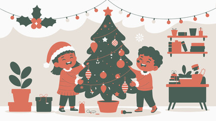 Two children decorating a christmas tree with ornaments and string lights in a cozy decorated room