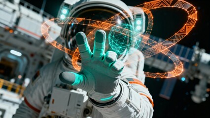 Astronauts exploring the cosmos and interacting with futuristic digital interfaces in outer space