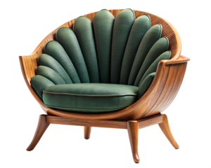Elegant mid century modern armchair with green upholstery isolated on white background