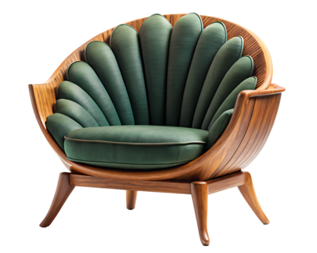 Elegant mid century modern armchair with green upholstery isolated on white background