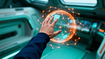 Futuristic hand interacting with a holographic glowing globe in a high-tech spaceship cockpit