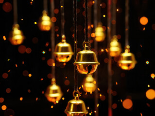 Festive Bell Ornaments Illuminated in Warm Glow and Suspended Motion