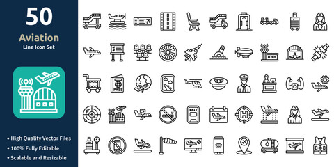 Aviation icon set in Outline style. Minimilist and trendy Icon set. Containing Icons,Airplane stairs,Seaplane,Plane ticket,Runway,Seat,Ladder truck,and so on.