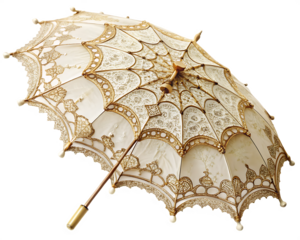 Antique ornate lace parasol with golden handle isolated on white background