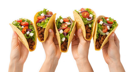 Five delicious tacos held up, isolated on transparent background