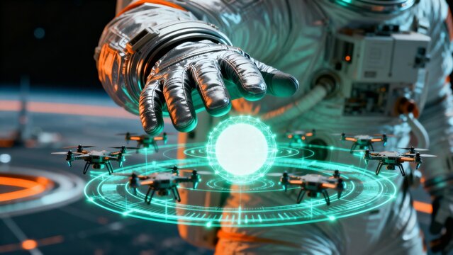 Astronaut Orchestrates Drone Swarm in Futuristic Tech Display