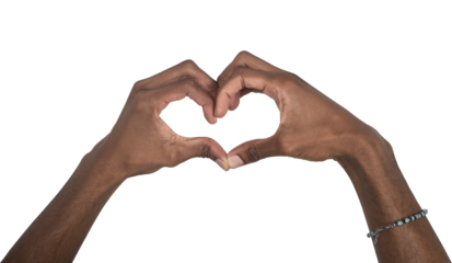 Hands forming heart shape in romantic gesture of love and tenderness. Black skin male making
