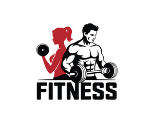 Fitness Logo: Male and Female Bodybuilders Lifting Dumbbells for Gym and Training