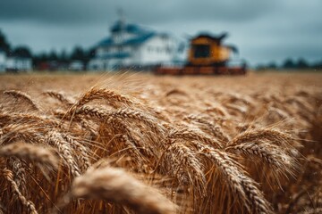 Golden Wheat Field Closeup At Dusk With Blurred Farmhouse In The