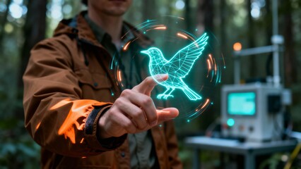 Futuristic environmental research A person interacts with a glowing digital bird hologram in a forest, highlighting advanced technology for ecological study and wildlife conservation