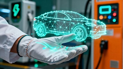 Hands-on electric vehicle technology A digital car model hovering above a technician's gloved hand