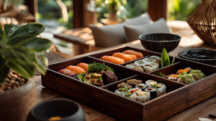 Beautifully arranged Japanese bento box features variety of sushi, including salmon nigiri and assorted rolls, set on rustic wooden table. natural light enhances vibrant colors