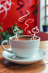 White stick figures in a realistic cup of coffee on wooden table with red wall blending Real Texture with Playful Design