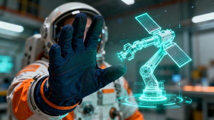 Astronaut Interacting with a Holographic Robotic Arm and Satellite in Futuristic Setting