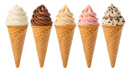 Assortment of five ice cream cones in various flavors isolated on transparent background