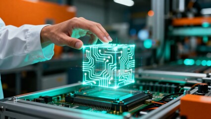 Futuristic Technology Engineer Interacts with Holographic Circuitry Cube