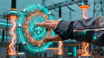 Futuristic energy management Hand interacts with a holographic interface displaying a wind turbine, symbolizing smart grid technology and advanced renewable power solutions