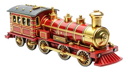 Antique red and gold toy steam train isolated on white background