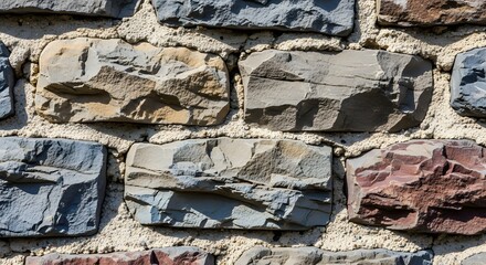 Textured stone wall close-up showing varied colors and rough surfaces