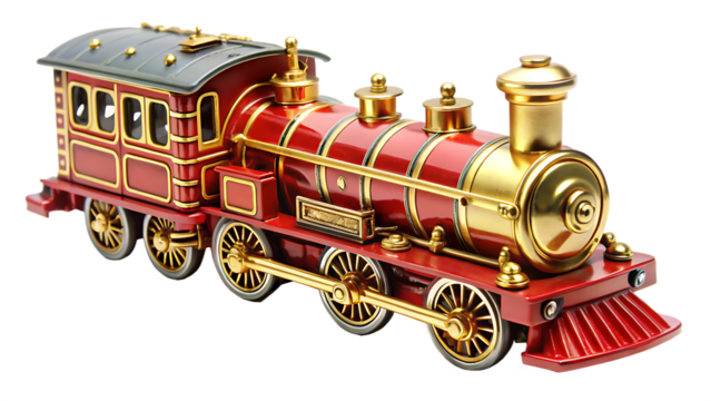 Antique red and gold toy steam train isolated on white background