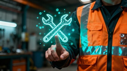 Technician Interacting With Digital Wrench Icon Representing Technical Support and Industrial Maintenance Services