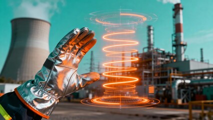 Futuristic concept of industrial energy management with a worker's hand in a protective glove interacting with a holographic interface at a power plant