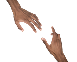 Hands reaching toward each other in tender gesture of love and support. Black skin male couple