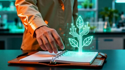 Innovating Sustainable Futures Scientist Interacts with a Luminous Digital Plant, Representing Cutting-Edge Biotechnology and Green Technology Research in a Modern Laboratory Setting