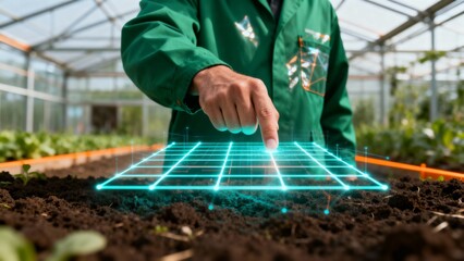 Farmer Interacting with Digital Interface in Greenhouse Sustainable Agriculture