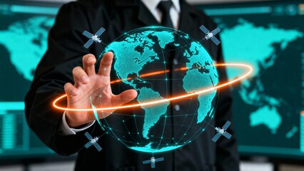 Global Technology Network A Businessman's Grasp on Global Connectivity, Innovation, and Futuristic Communication