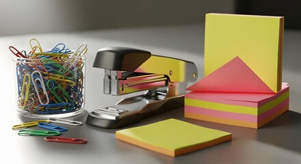 Office supplies desk organization stapler sticky notes paper clips jar for productivity