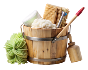 Wooden sauna bucket with bath accessories isolated on white background