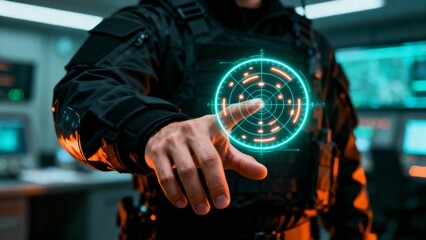 A special forces operative in tactical gear interacting with a glowing holographic radar display for a high-tech surveillance mission