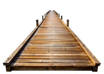Wooden pier extending into the distance isolated on white background