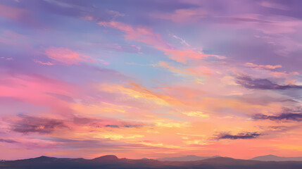 Fototapeta premium A vibrant sunset paints the sky with hues of pink, orange, and purple, with a mountainous silhouette in the distance